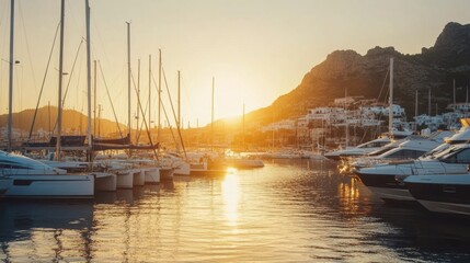 Harbor filled with luxury yachts and sailboats during sunset, golden skies