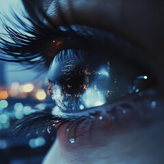 A close up of a woman's eye with a city reflected in it