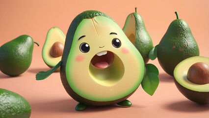one Cute kawaii avocado illustration, isolated, funny expression