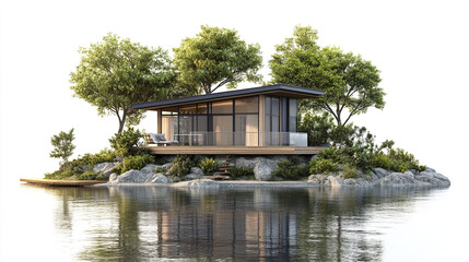 Obraz premium Modern vacation home surrounded by nature, featuring large windows and serene lake view