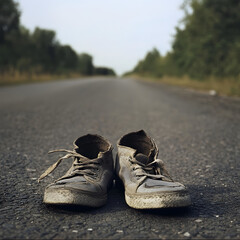 Two worn out shoes are laying on the road
