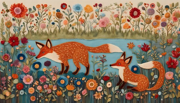Embroidery Art Fox And Wildflowers Handmade