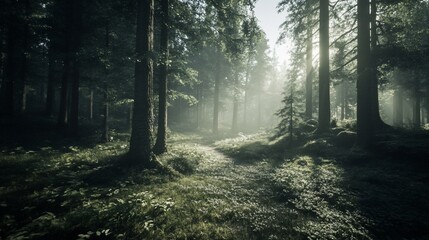Naklejka premium Sunlit path through a dense forest, creating a tranquil and mystical atmosphere