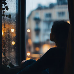 A woman is sitting in a window looking out at the rain