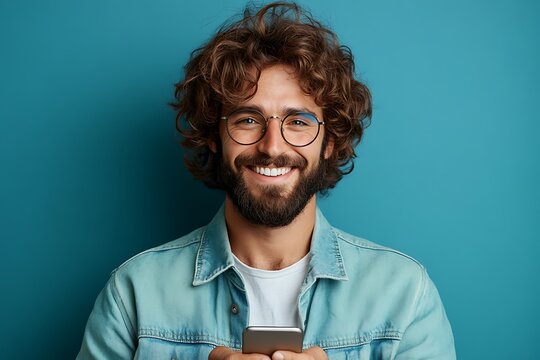 Smiling man with curly hair, glasses, and phone