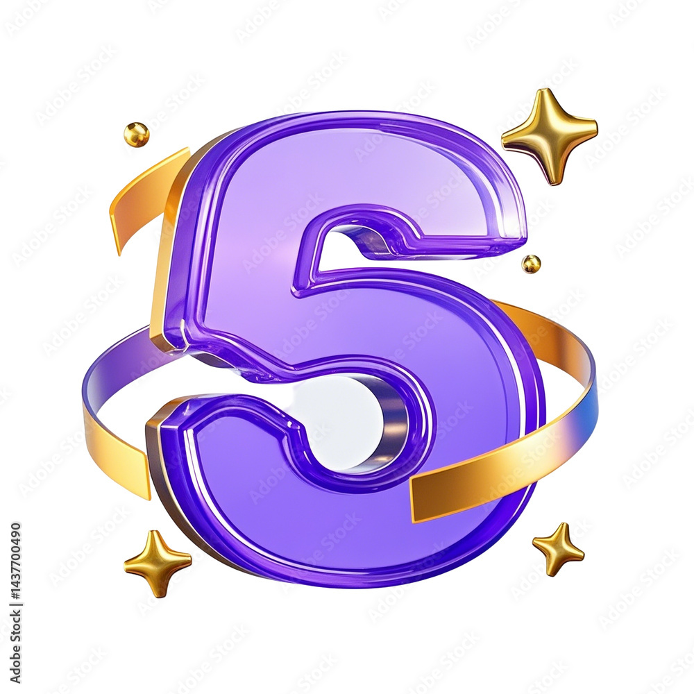 Fototapete glossy purple number 5 wrapped in a golden ribbon with three floating stars elegant decorative typog