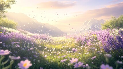 A sunlit meadow filled with wildflowers in shades of lavender, soft pink, and pale yellow