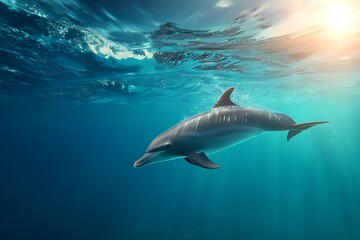 A dolphin joyfully swimming near the surface of the clear blue ocean, sunlight filtering through the waves, vibrant and lively marine scene, plenty of empty space.
