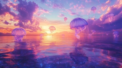 A surreal landscape where the ocean is a shimmering mirror, reflecting a sky filled with giant floating jellyfish. 