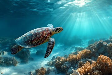 Obraz premium A vibrant sea turtle swimming gracefully above a colorful coral reef in clear tropical waters, with sunbeams filtering through the surface.
