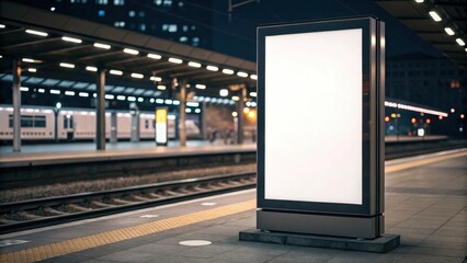 Large glowing advertising billboard on an empty railway platform at night, creating a calm, urban scene with soft lights and tracks.