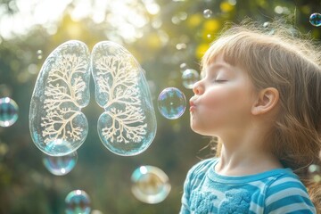 Transparent lung overlay on child blowing bubbles