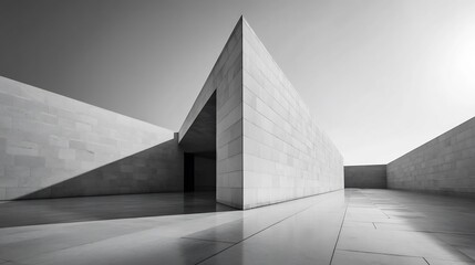 Monochrome architectural minimalism with sharp angles and reflective surfaces