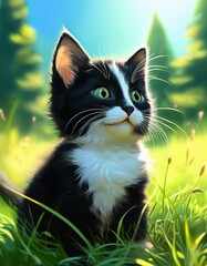 Obraz premium Schwarz-weißes Katzenbaby auf einer Wiese