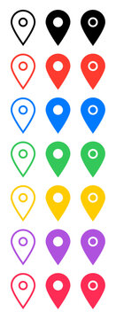 A set of multi colors navigation pin location icons, map pointer symbols for travel. vector