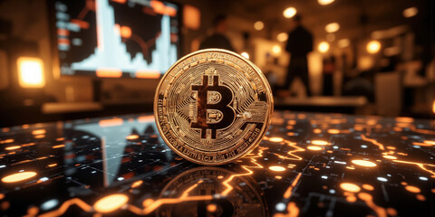 A close-up of a non-copyrighted, 3D-rendered crypto coin symbol with intricate circuit-like patterns, set against a glowing blockchain backdrop filled