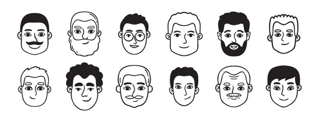 men portraits male doodles set doodle hand drawn icon set. Outline drawing man heads and faces line clipart symbol collection.