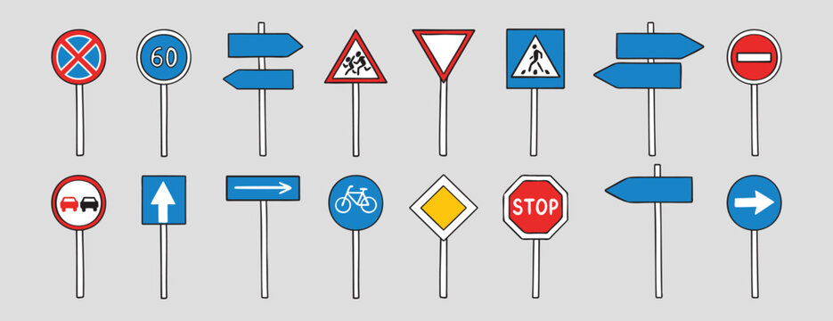 Naklejki Road signs with up, down, left, right doodle hand drawn icon set. Outline drawing road signs line clipart symbol collection