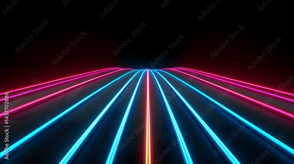 Poster the image contains multiple glowing neon lines in pink and blue, converging at a vanishing point in 