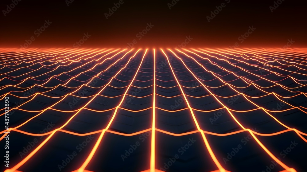 Poster a dark, undulating grid surface is illuminated by bright orange glowing lines, creating a futuristic