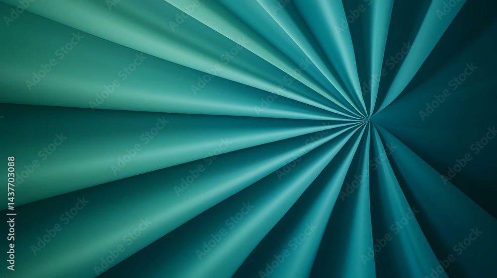 Poster the image contains teal-colored, radiating lines that converge at a central point, creating a pleate