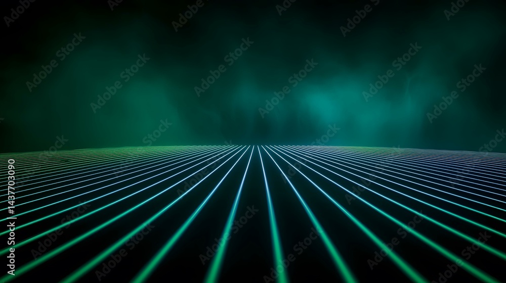 Poster the image contains numerous parallel lines of teal and green light emanating from the center of the 