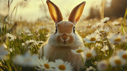 Rabbit nose in field of daisies, light wind effect