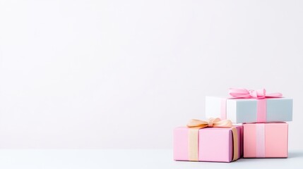 Obraz premium Four pastel-colored gift boxes with ribbons stacked on a clean white surface, minimalistic composition, soft lighting, and celebration concept.
