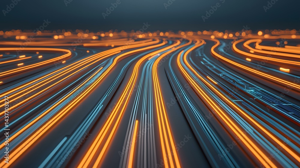 Poster the image shows a digital rendering of numerous glowing lines, primarily orange and light blue, curv