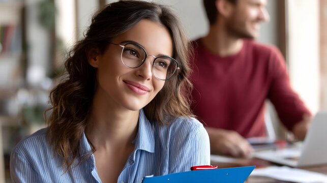 Woman looking thoughtfully, clipboard in hand, colleagues in background, office setting, for use in business articles or presentations