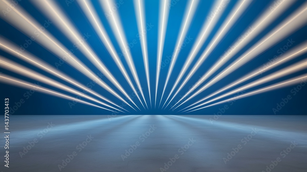 Poster the image shows numerous bright white beams of light emanating from a central point and converging o