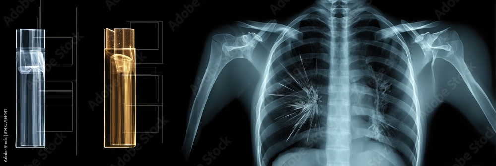 Poster Visualization of Smoking-Related Lung Damage Highlighted in X-Ray Scan With Detailed Overlays for Educational Purposes
