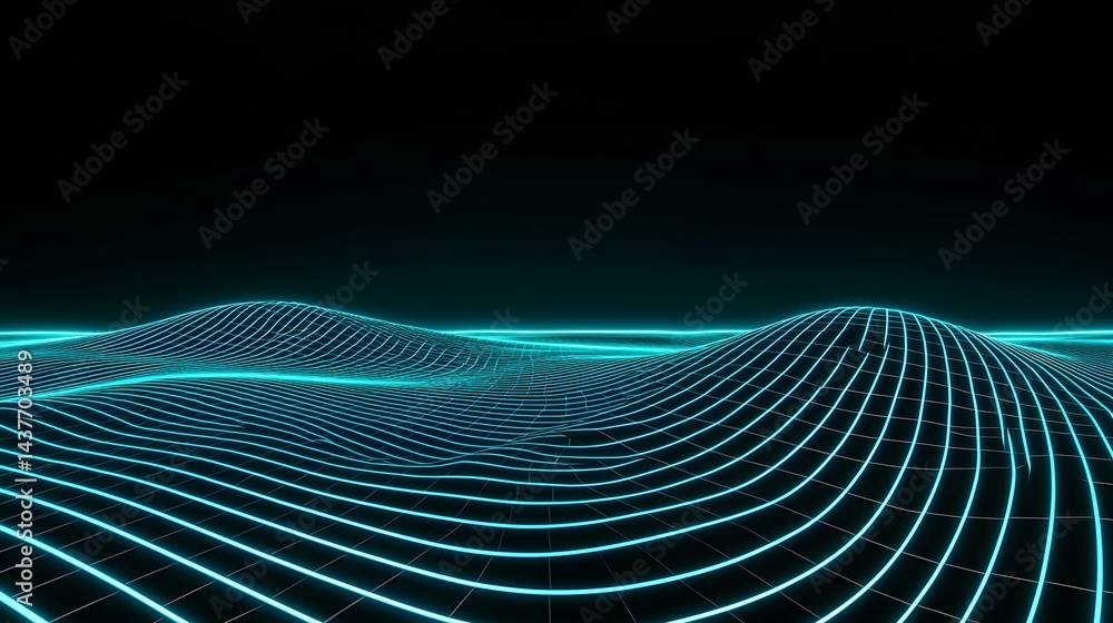 Poster the image contains a digitally rendered landscape of undulating hills formed from a grid of bright t