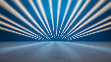 The image shows numerous bright white beams of light emanating from a central point and converging on a flat, light gray surface, all set against a deep blue background.