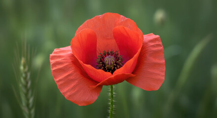 Naklejka premium Vibrant red poppy flower blooming in green field 