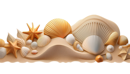 Collection of Colorful Seashells on Sandy Beach with Warm Tones and Natural Textures on transparent background