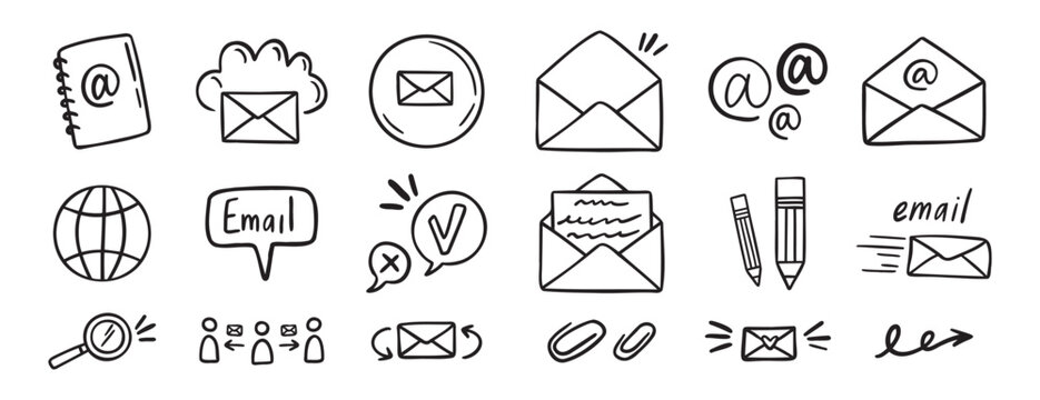 mail and email icon doodle hand drawn set. Outline drawing mail and email line clipart symbol collection