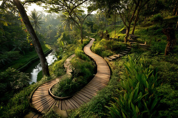 Serene Forest Pathway Curving Through Lush Green Landscape at Sunrise

