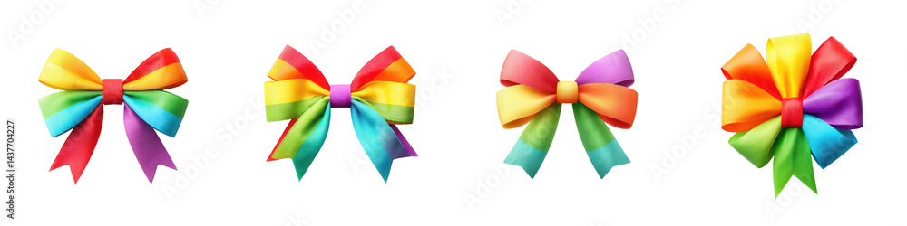 Poster set of colorful ribbon bows in various styles against a black background. isolate on transparent bac