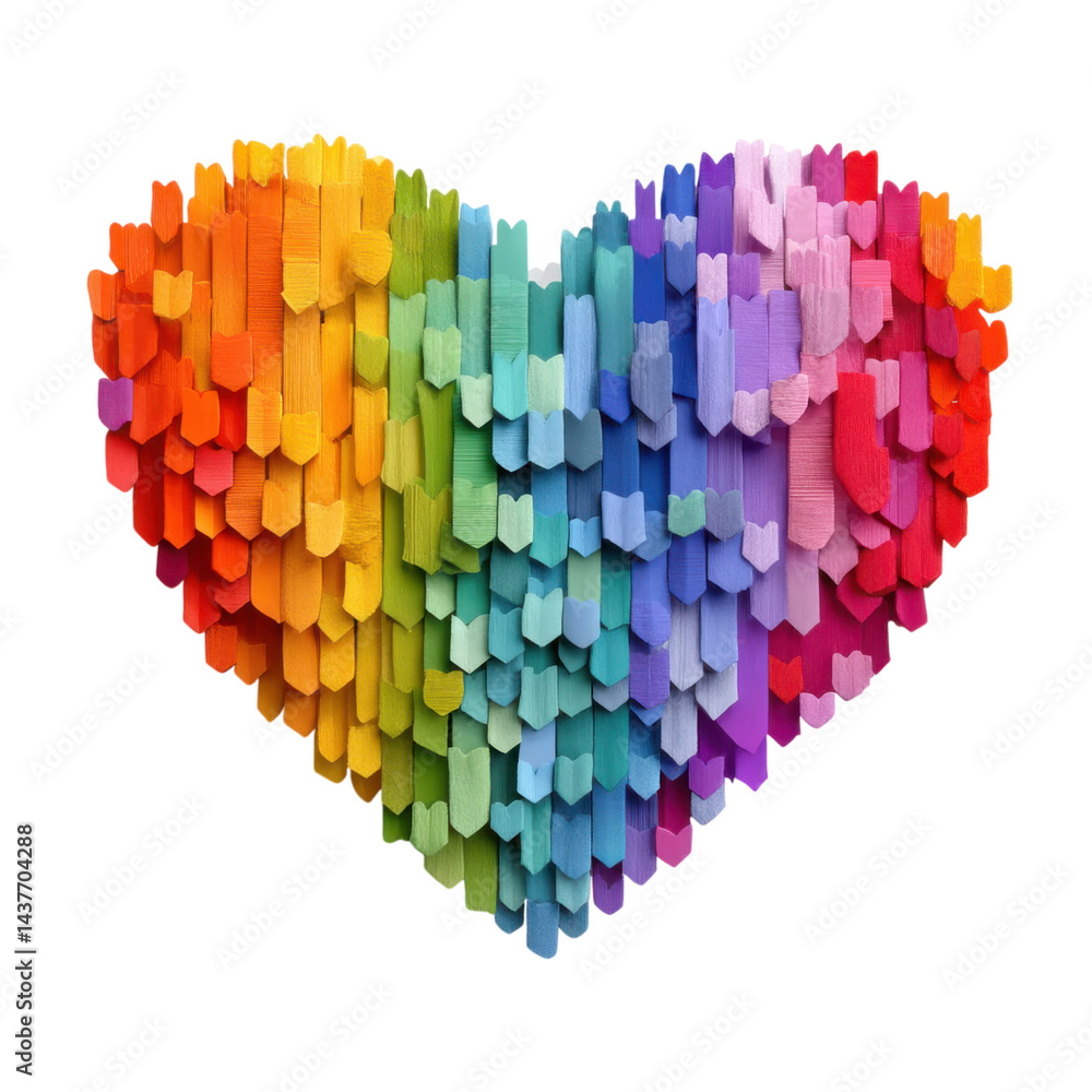 Poster set of colorful heart shape composed of layered, textured elements against a black background. isola