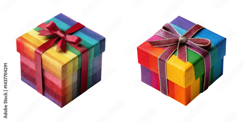Poster set of two colorful gift boxes with ribbons on a black background. isolate on transparent background