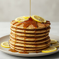 A tall stack of pancakes with lemon slices and syrup being poured on top on a white plate