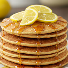 A close up shot of a stack of pancakes with lemon slices and syrup drizzled on top, food photography