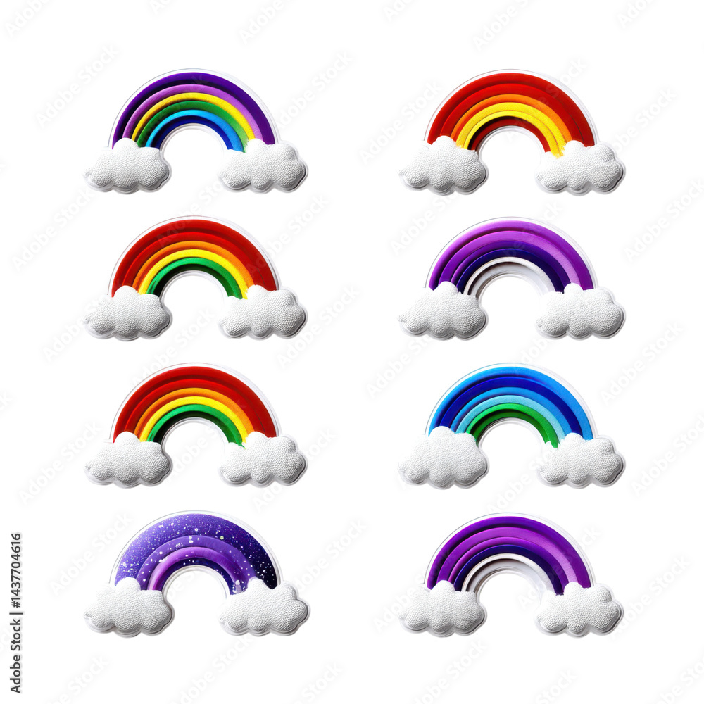 Poster set of colorful rainbow patches with fluffy clouds on a black background, showcasing various styles.