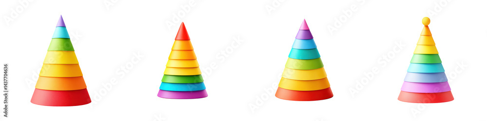 Poster set of colorful party hats arranged in a row against a black background. isolate on transparent back