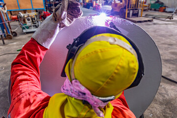 Industrial welding fabricated tank stainless steel repair construction work in factory, Welding...
