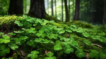 A peaceful forest scene glows with vibrant green clovers scattered across the lush floor.