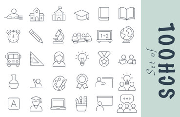 Set of School. 30 vector illustration school environment style line outline icons: school, toga, blackboard, book, globe, microscope, achievement, group work