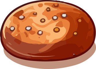 Round, baked bread product with speckled topping.