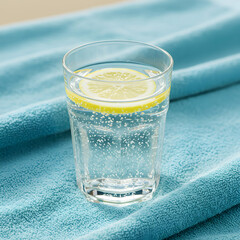 A clear glass of sparkling water with a lemon slice on a light blue textured cloth surface view